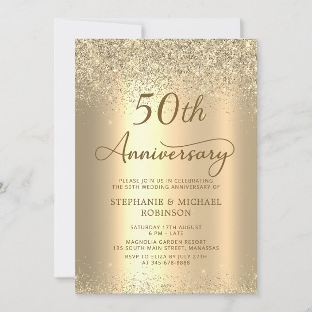 Convite Gold Glitter Metallic 50th Wedding Anniversary (Frente)