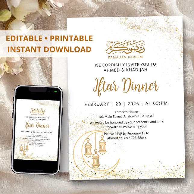 Convite Gold Glitter Moon and Lantern Ramadan Iftar (Criador carregado)