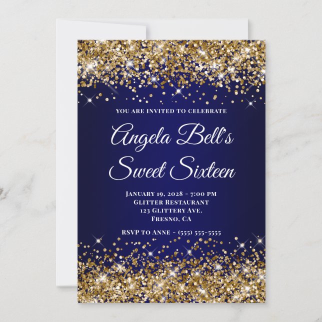 Convite Gold Glitter Navy Blue Ombre Sweet Sixteen (Frente)