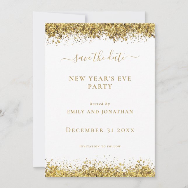 Convite Gold Glitter New Year Eve Party Save the Date card (Frente)