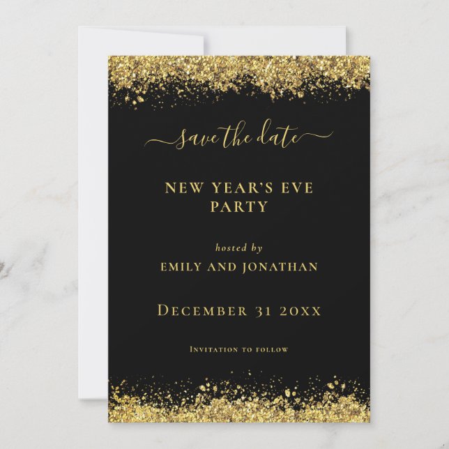 Convite Gold Glitter New Year Party Black Save Date card (Frente)