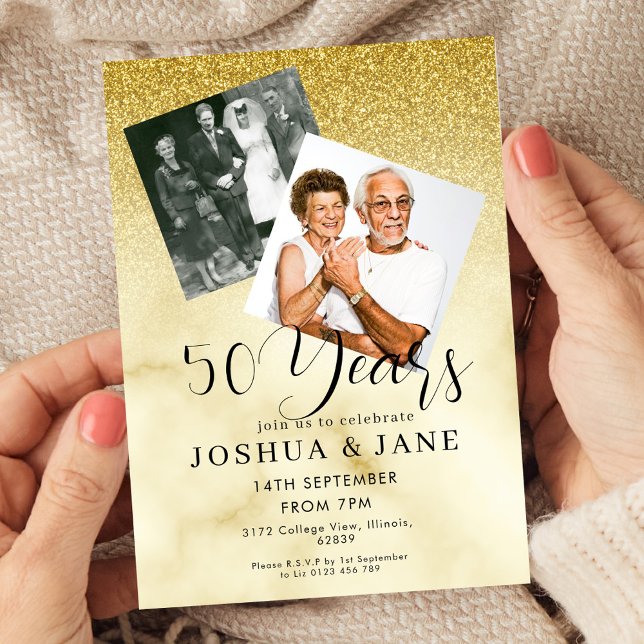 Convite Gold Glitter Photo 50th Wedding Anniversary (Criador carregado)