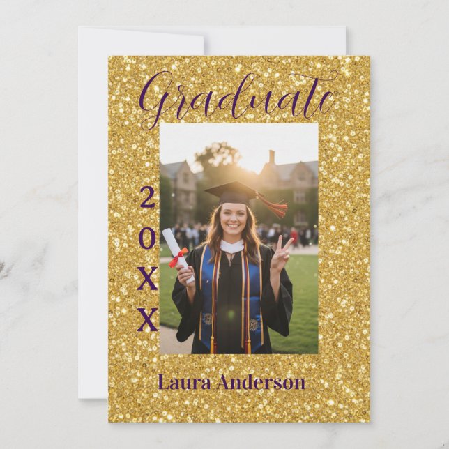 Convite Gold glitter photo graduation add name class text (Frente)