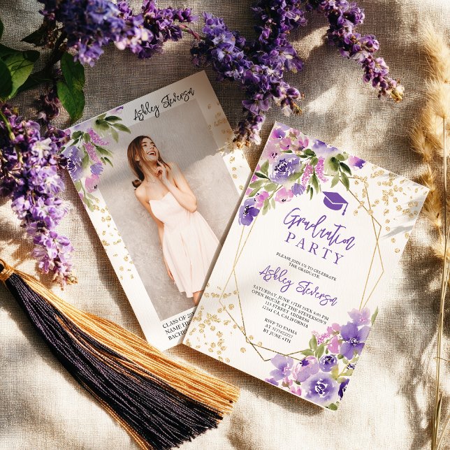 Convite Gold glitter Purple girly floral photo graduation (Gold glitter Purple girly floral photo graduation Invitation)