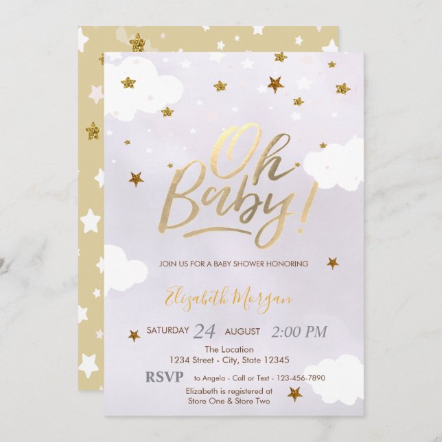 Convite Gold Glitter Stars Clouds Lavender Baby Shower  (Frente/Verso)
