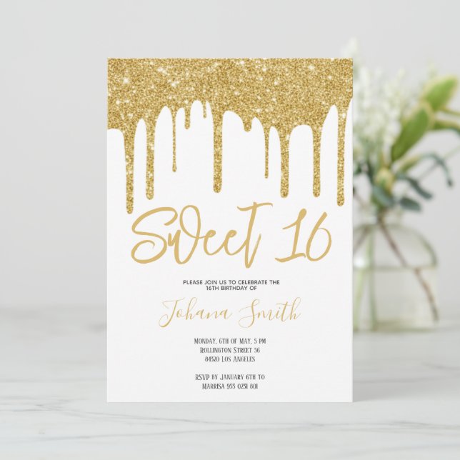 Convite Gold Glitter Sweet Sixteen Girl Birthday Party (Em pé/Frente)