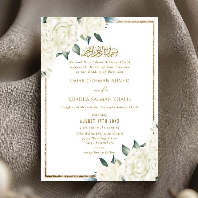 Convite Gold Glitter White Floral Islamic Muslim Wedding (Criador carregado)