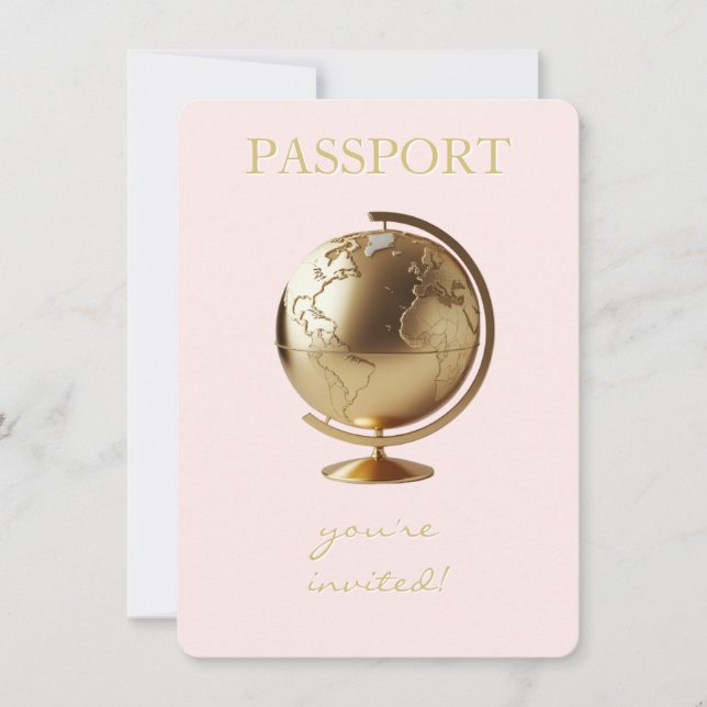 Convite Gold Globe Passport Travel Baby Shower (Frente)