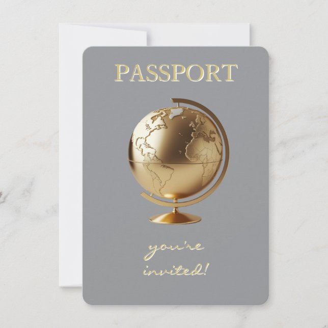 Convite Gold Globe Passport Travel Baby Shower (Frente)