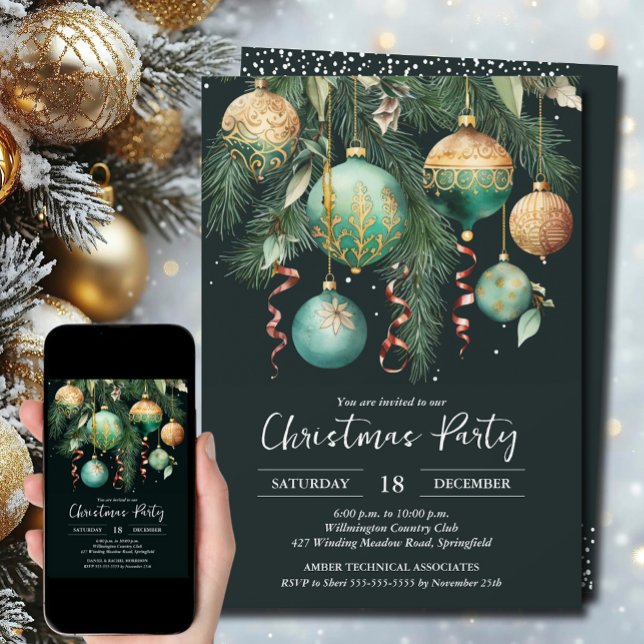 Convite Gold Green Christmas Tree Ornaments Party (Gold and green Christmas tree ornaments party invitations, PRINTED and/or INSTANT DOWNLOAD)