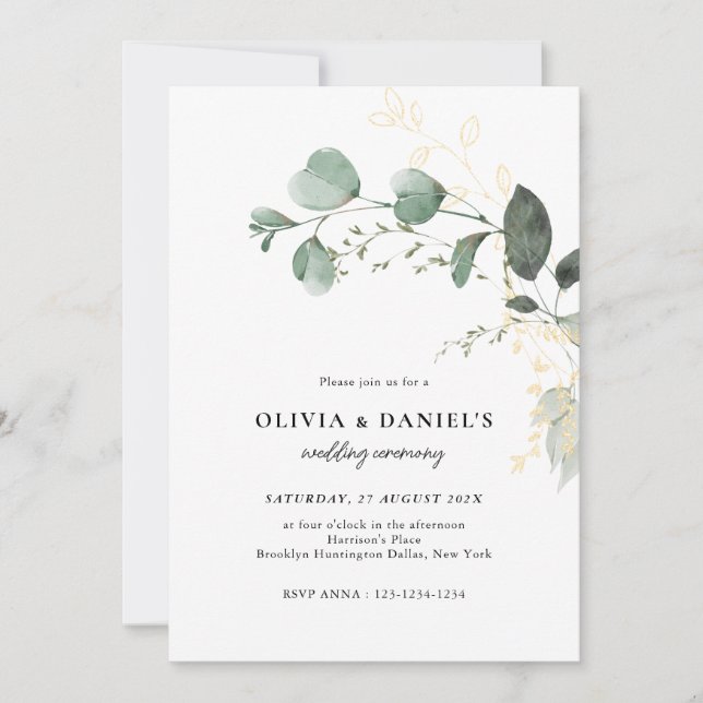 Convite Gold & Green Eucalyptus Minimalist Wedding (Frente)