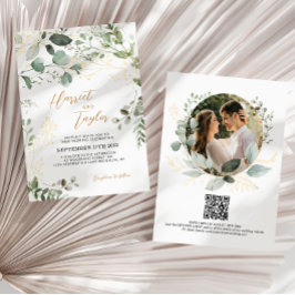 Convite Gold Greenery Eucalyptus Photo QR Code Wedding 