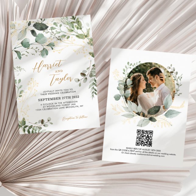 Convite Gold Greenery Eucalyptus Photo QR Code Wedding  (Criador carregado)