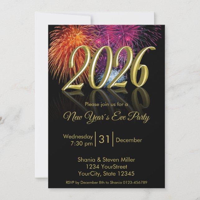 Convite Gold Happy New Year 2026 Fireworks Invitation (Frente)