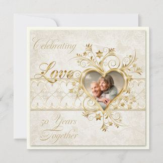 Convite Gold Hearts Swirls Photo 50th Wedding Anniversary