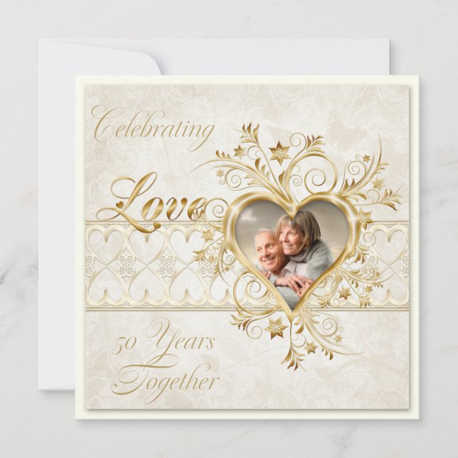 Convite Gold Hearts Swirls Photo 50th Wedding Anniversary (Frente)