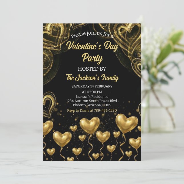 Convite Gold Hearts Valentine's Day Party (Em pé/Frente)