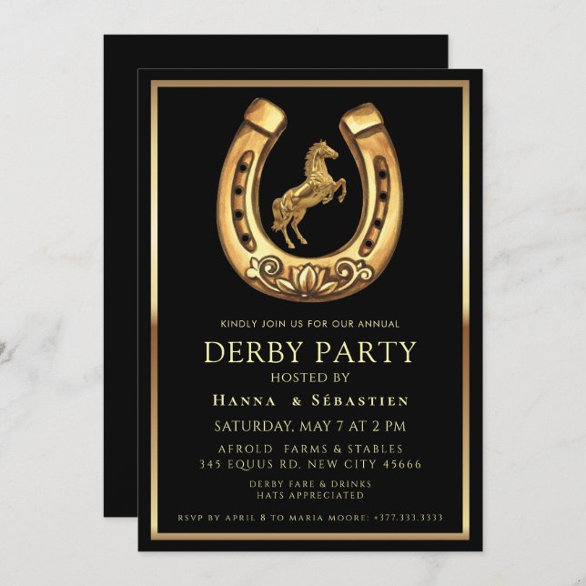 Convite gold Horse Derby Party Equestrian  (Frente/Verso)