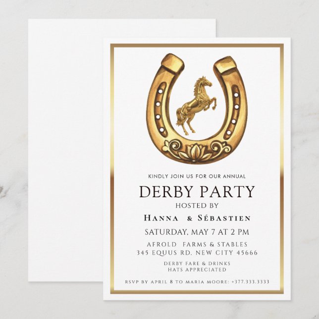 Convite gold Horse Derby Party Equestrian  (Frente/Verso)