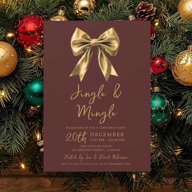 Convite Gold Jingle & Mingle Christmas Party Bow Burgundy  (Gold Jingle & Mingle Christmas Party Bow Burgundy Invitation)