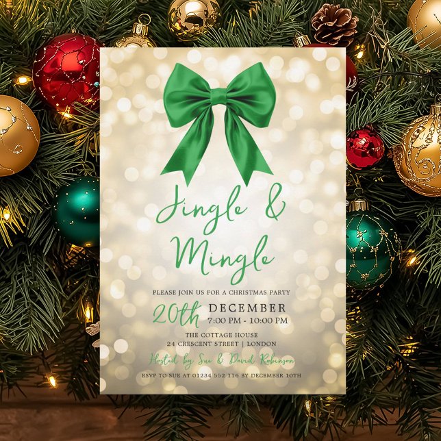 Convite Gold Jingle Mingle Christmas Party Green Bow  (Gold Jingle Mingle Christmas Party Green Bow Invitation)