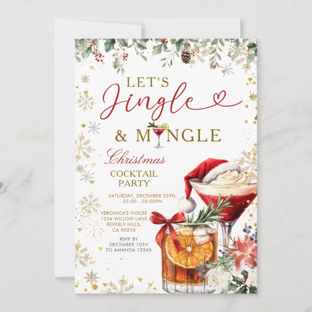 Convite Gold Jingle & Mingle Christmas Santa Cocktail  (Frente)