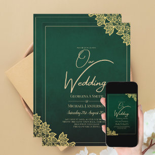 Convite Gold Lace Emerald Green All-in-1 Wedding Invite QR