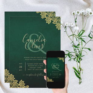 Convite Gold Lace Emerald Green All-in-1 Wedding Invite QR