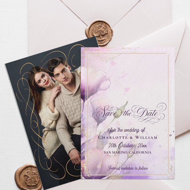 Convite Gold Lavender Floral Photo Wedding Save the Date (Gold Lavender Floral Photo Wedding Save the Date Invitation)