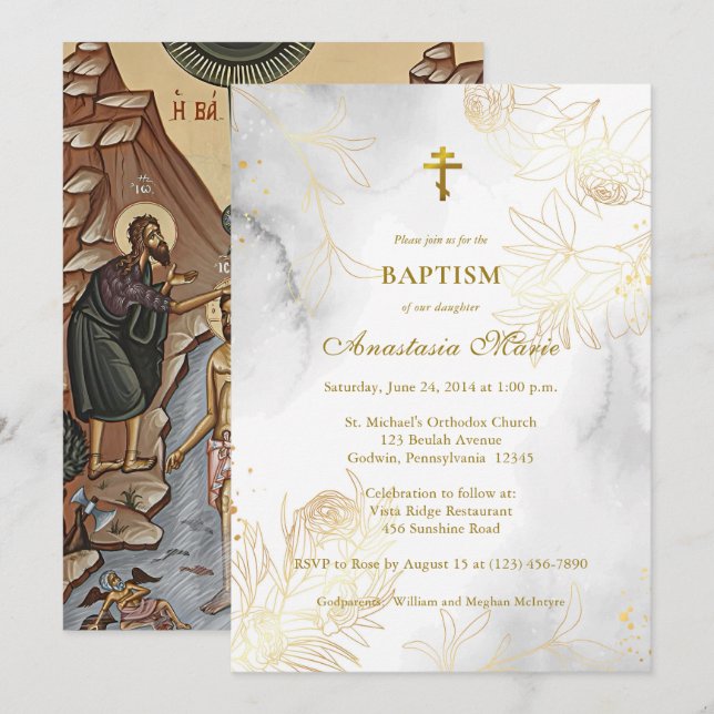 Convite Gold Line Drawing Flowers Orthodox Baptism  (Frente/Verso)
