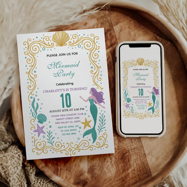 Convite Gold Little Mermaid 10th Birthday  Under the sea  (Criador carregado)