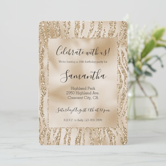 Convite Gold Luxe Glitter Impressão de Zebra Doce 16 (Em pé/Frente)