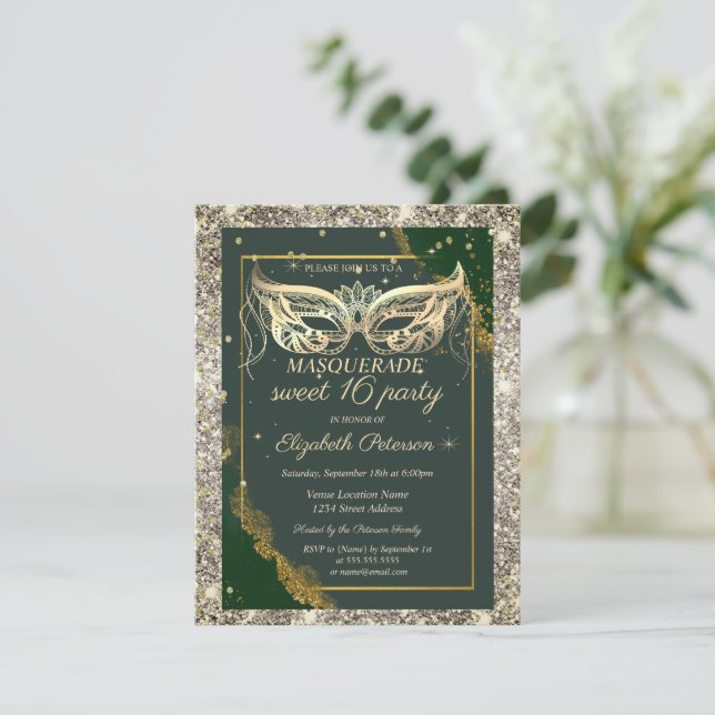 Convite Gold Masquerade Glitter Green Sweet 16  (Em pé/Frente)
