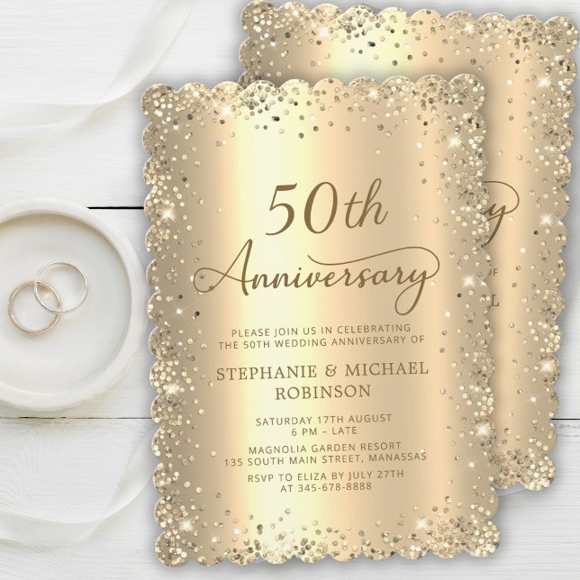 Convite Gold Metallic Glitter 50th Wedding Anniversary (Criador carregado)