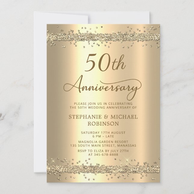 Convite Gold Metallic Glitter 50th Wedding Anniversary (Frente)