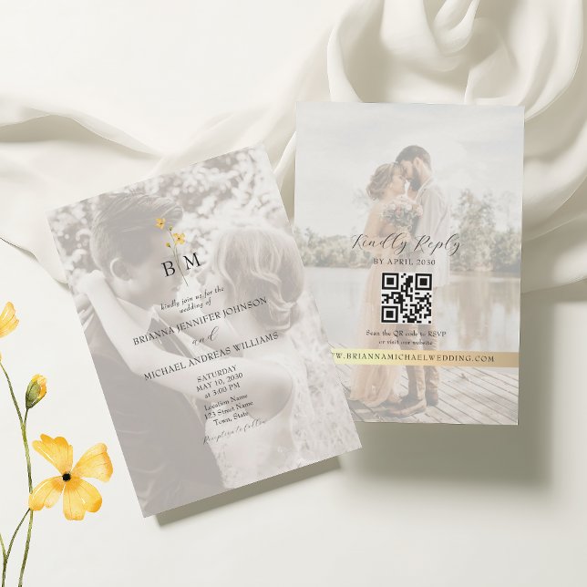 Convite Gold Monogram Photo QR Code Wedding (Criador carregado)