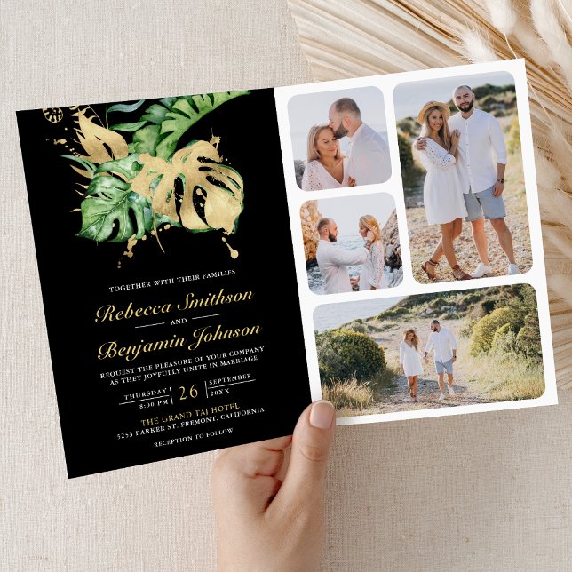 Convite Gold Monstera Tropical Palm Black QR Code Wedding (Criador carregado)