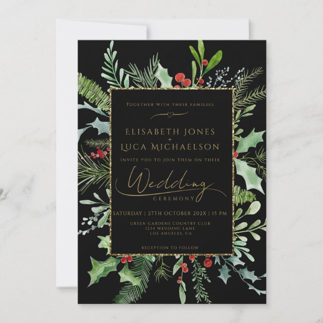 Convite Gold Moody Winter Berry Botanical Monogram Wedding (Frente)
