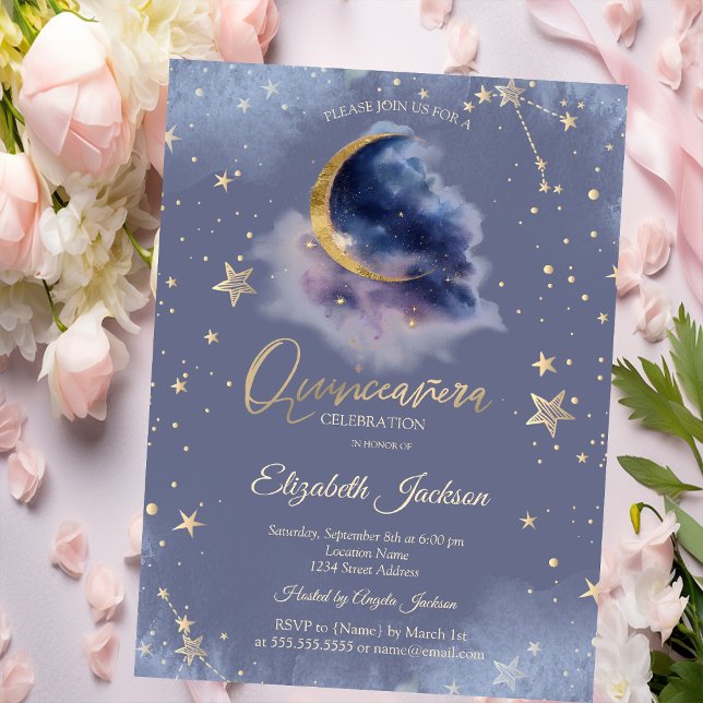 Convite Gold Moon Stars Starry Night Quinceanera (Criador carregado)