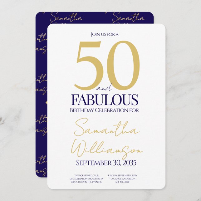 Convite Gold Navy 50 and Fabulous | 50th Birthday Simple (Frente/Verso)