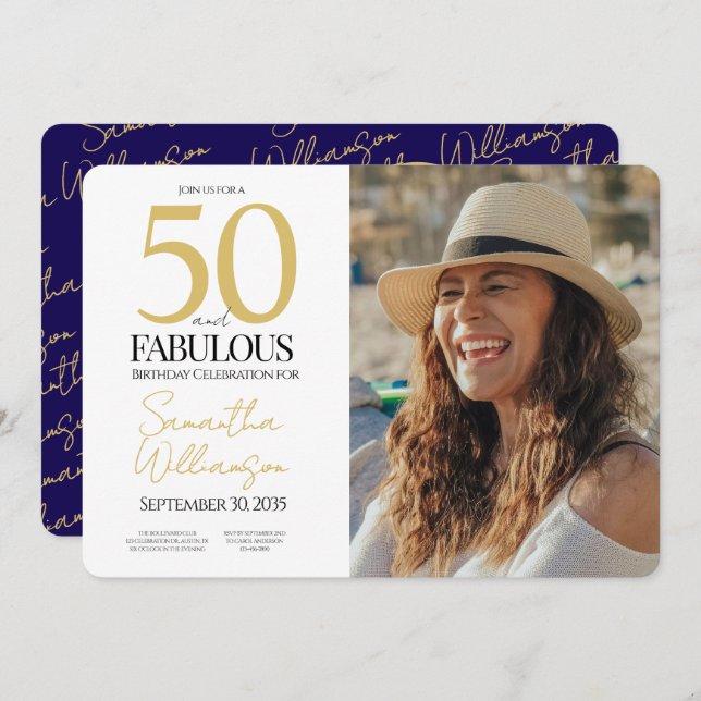 Convite Gold & Navy | 50th Elegant Fabulous Birthday Party (Frente/Verso)