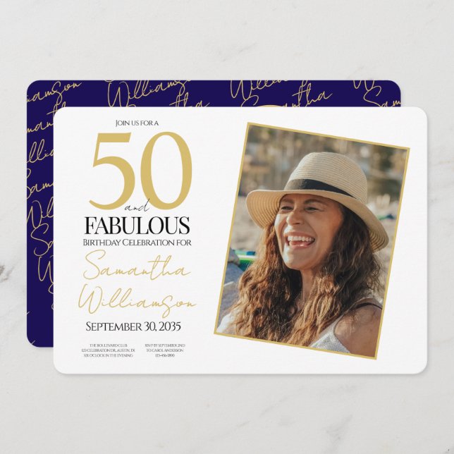 Convite Gold & Navy | 50th Fabulous Photo Birthday Party (Frente/Verso)