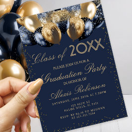 Convite Gold Navy Blue Glitter Balloons Graduation Party