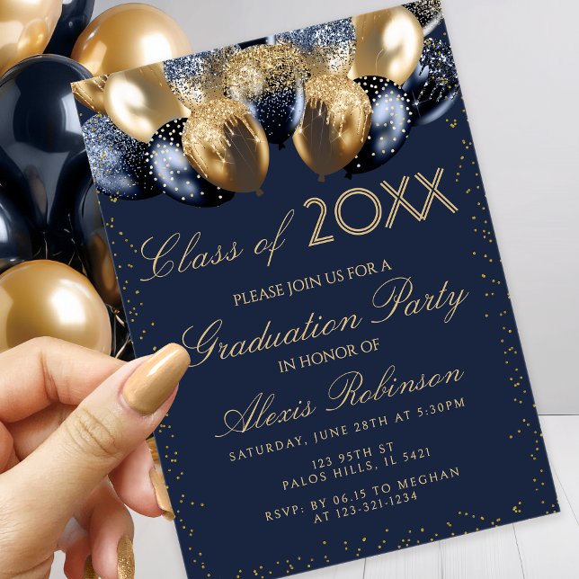 Convite Gold Navy Blue Glitter Balloons Graduation Party (Criador carregado)