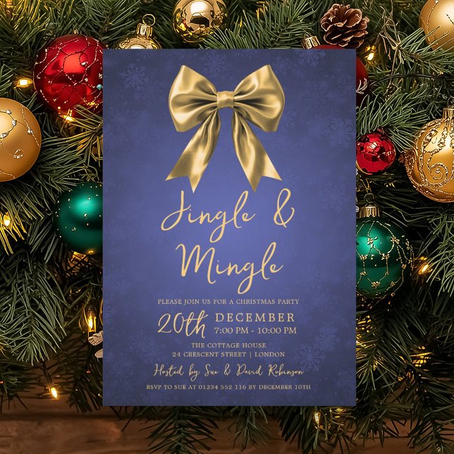 Convite Gold Navy Jingle Mingle Christmas Party Bow Snow  (Gold Navy Jingle Mingle Christmas Party Bow Snow Invitation)
