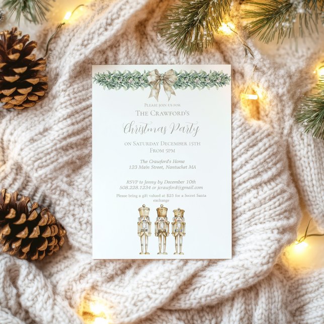 Convite Gold Nutcracker and Mistletoe Christmas  (Gold Nutcracker Christmas Invitation)