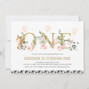 Convite Gold One Animais da Fazenda Florais 1º Aniversário