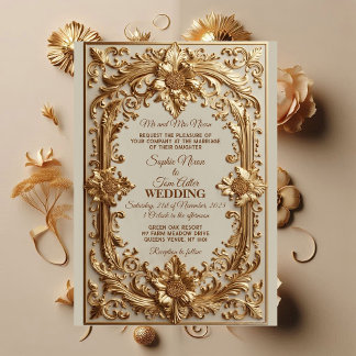 Convite Gold Ornate Baroque Grandeur Floral Motif Wedding