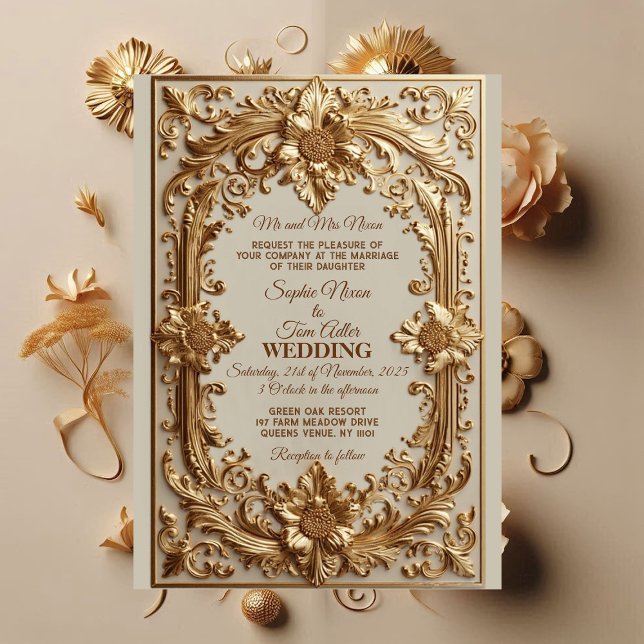 Convite Gold Ornate Baroque Grandeur Floral Motif Wedding  (Gold Ornate Baroque Grandeur Floral Motif Wedding Invitation)