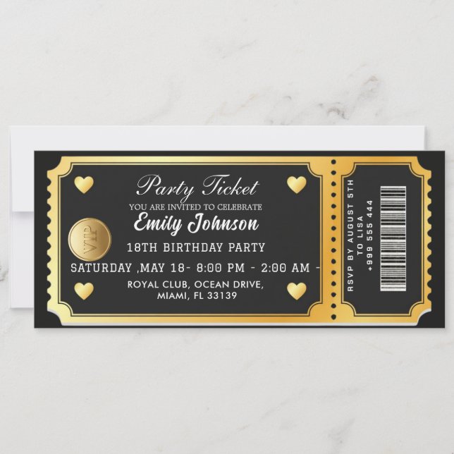 Convite Gold Party Ticket Invitation (Frente)